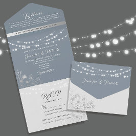 Invitación Todo En Uno Luces de Cuerda Azules Polvorientas para Bodas