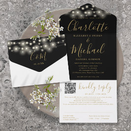 Invitación Todo En Uno Luces de Cuerda Boda Código QR Negro Dorado Letra