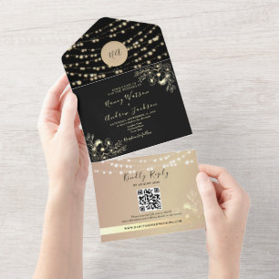 Invitación Todo En Uno Luces de Cuerda Bodas Monograma Dorado y Negro