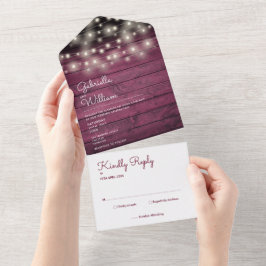 Invitación Todo En Uno Luces de Cuerda Bodas Monograma Madera Rústica Roj