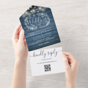 Invitación Todo En Uno Luces de Cuerda con Código QR de Madera Rústica Az