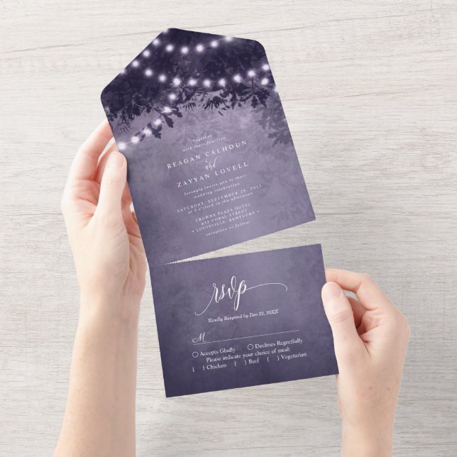 Invitación Todo En Uno Luces de Cuerda de Árbol Púrpura Rústico para Boda (desgarro)