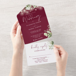 Invitación Todo En Uno Luces de Cuerda de Borgoña Verde Monograma Boda