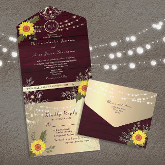 Invitación Todo En Uno Luces de Cuerda de Girasoles Rústicos de Campo Bod