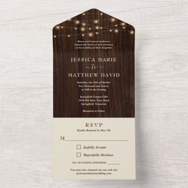 Invitación Todo En Uno Luces de Cuerda de Granja Rústica para Bodas (Interior)
