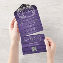 Invitación Todo En Uno Luces de Cuerda de Madera Morada Código QR Boda Fl