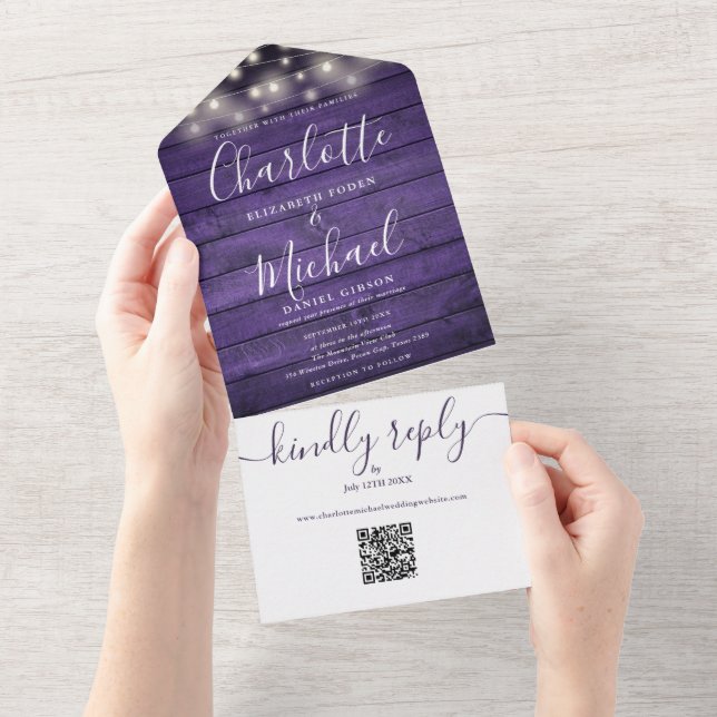 Invitación Todo En Uno Luces de Cuerda de Madera Morada Rústica con Códig (desgarro)