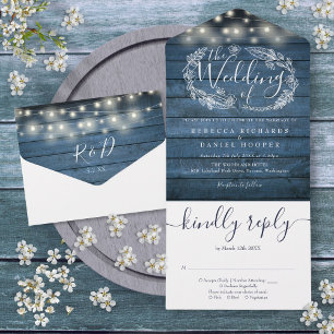 Invitación Todo En Uno Luces de Cuerda de Madera Rústica Azul para Boda F