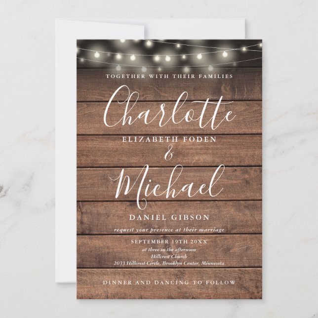Invitación Todo en uno Luces de Cuerda de Madera Rústica Boda (Anverso)