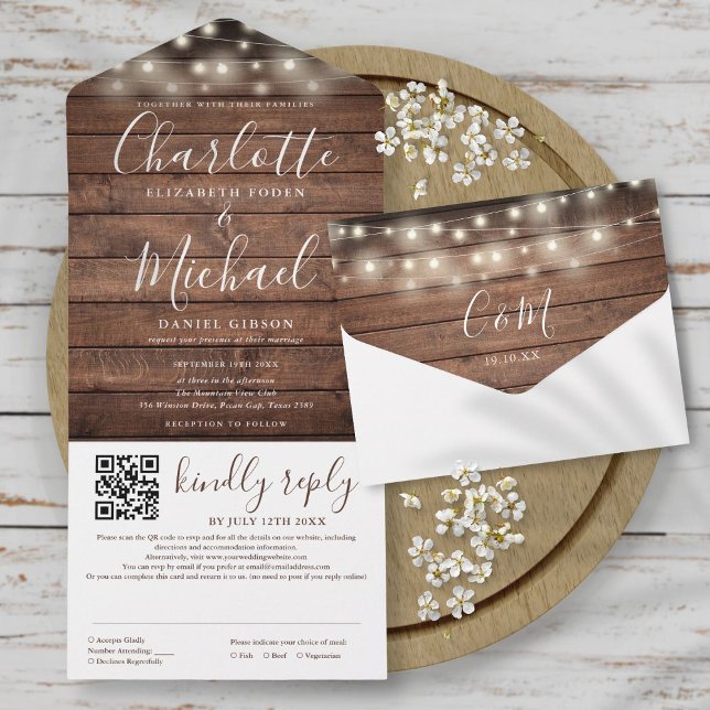 Invitación Todo En Uno Luces de Cuerda de Madera Rústica Código QR Boda (Rustic Wood String Lights QR Code Wedding All In One)
