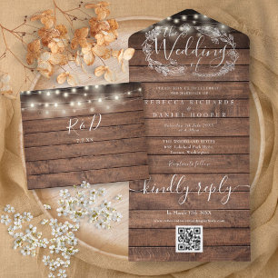 Invitación Todo En Uno Luces de Cuerda de Madera Rústica Código QR Floral