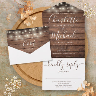 Invitación Todo En Uno Luces de Cuerda de Madera Rústica Monograma Boda 
