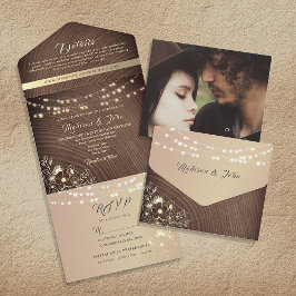 Invitación Todo En Uno Luces de Cuerda de Madera Rústica para Bodas