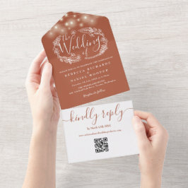 Invitación Todo En Uno Luces de Cuerda de Terracota Código QR Boda