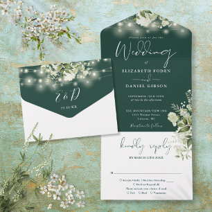 Invitación Todo En Uno Luces de Cuerda Esmeralda Verde Monograma Boda