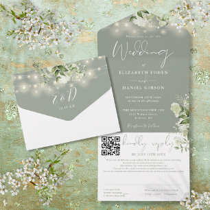 Invitación Todo En Uno Luces de Cuerda Florales Verde Salvia Código QR Bo