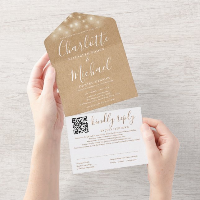 Invitación Todo En Uno Luces de Cuerda Kraft Rústico Código QR Boda (desgarro)