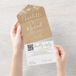 Invitación Todo En Uno Luces de Cuerda Kraft Rústico Código QR Boda