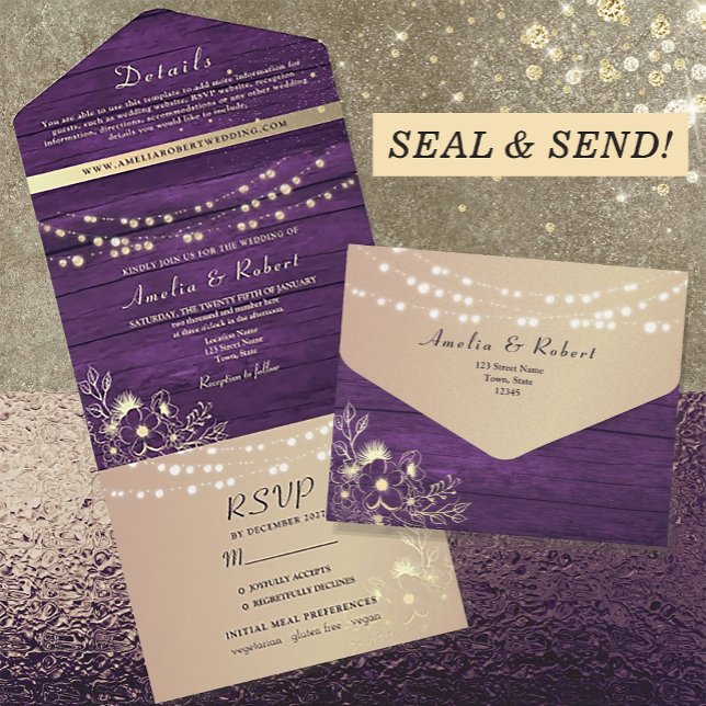 Invitación Todo En Uno Luces de Cuerda Moradas Rústicas para Boda (Subido por el creador)