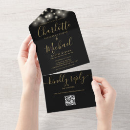Invitación Todo En Uno Luces de Cuerda Negras y Doradas Código QR Boda
