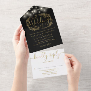 Invitación Todo En Uno Luces de Cuerda Negras y Doradas para Boda con Fol