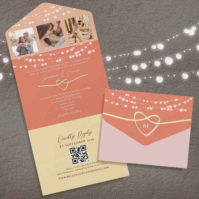 Invitación Todo En Uno Luces de Cuerda Retro Melocotón Boda Código QR (Subido por el creador)