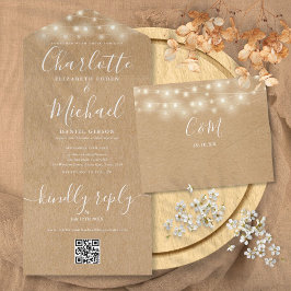 Invitación Todo En Uno Luces de Cuerda Rustic Kraft Código QR Boda 