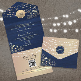 Invitación Todo En Uno Luces de Cuerda Rústicas Boda Azul Marino