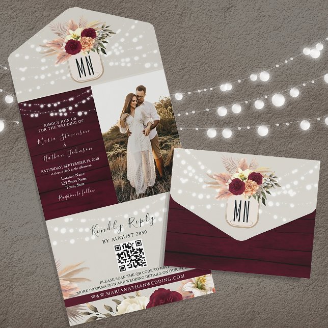 Invitación Todo En Uno Luces de Cuerda Rústicas Boda Burgundy (Subido por el creador)