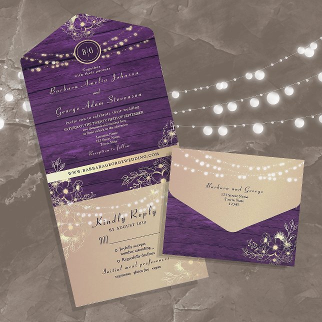 Invitación Todo En Uno Luces de Cuerda Rústicas Bodas Moradas (Subido por el creador)