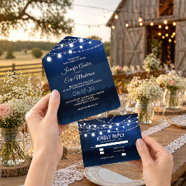 Invitación Todo En Uno Luces de Cuerda Rústicas de Azul Polvoriento Elega
