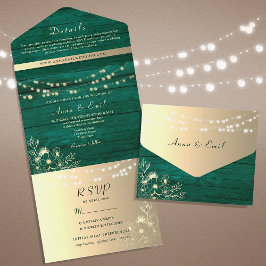 Invitación Todo En Uno Luces de Cuerda Rústicas Verdes para Bodas