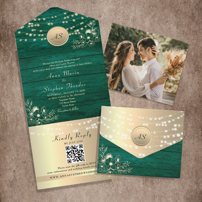 Invitación Todo En Uno Luces de Cuerda Verde Esmeralda Boda Código QR (Subido por el creador)