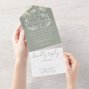 Invitación Todo En Uno Luces de Cuerda Verde Salvia Boda Foliaje