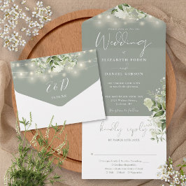 Invitación Todo En Uno Luces de Cuerda Verde Salvia Verde Monograma Boda