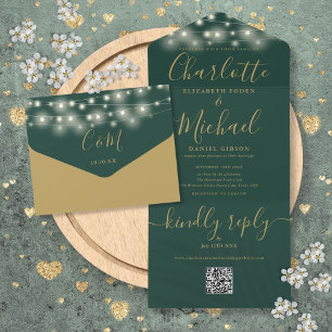 Invitación Todo En Uno Luces de Cuerda Verdes y Doradas Código QR Boda