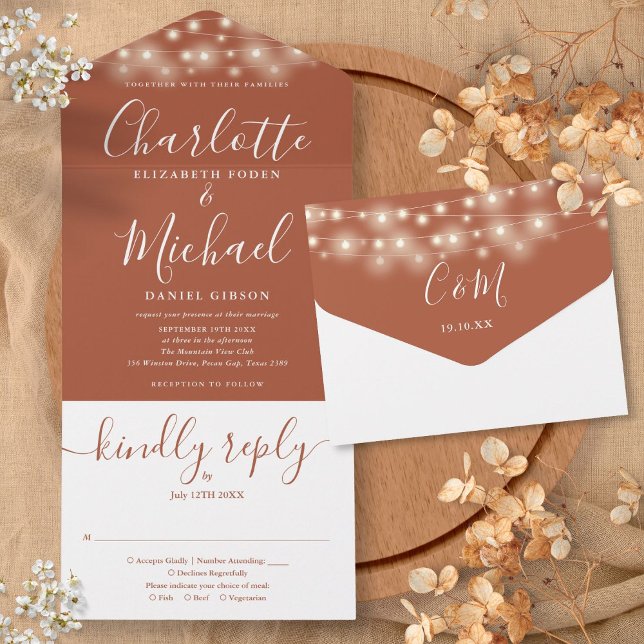 Invitación Todo En Uno Luces de Cuerdas de Terracota para Boda con Letra  (Terracotta String Lights Elegant Script Wedding All In One Invitation)