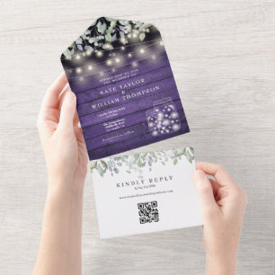 Invitación Todo En Uno Luces de frascos de albañil con flores púrpuras Có