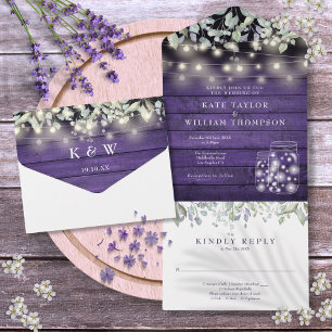 Invitación Todo En Uno Luces de frascos mason florales púrpura Monograma
