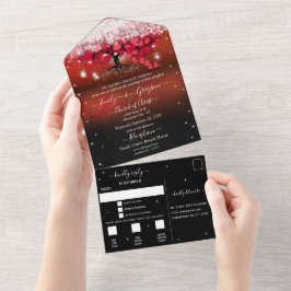Invitación Todo En Uno Luces de Hadas Elegantes Corazón Rojo Hoja Árbol B