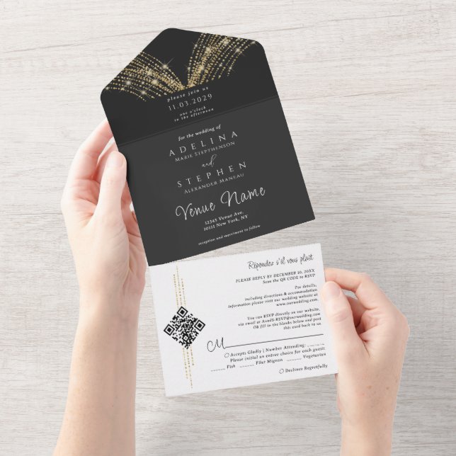 Invitación Todo En Uno Luces de Hadas Elegantes Negro y Código QR Dorado  (desgarro)