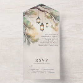 Invitación Todo En Uno Luces de linterna botánica de árbol rústico para b