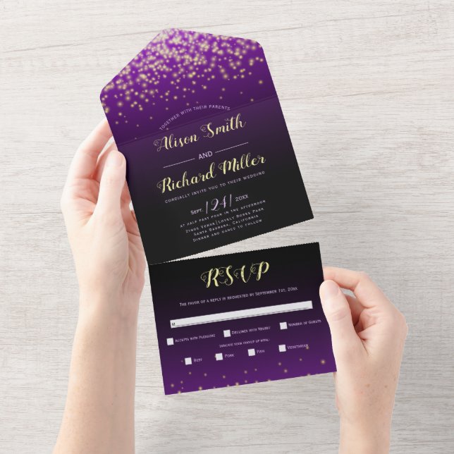 Invitación Todo En Uno Luces esparcantes boda nocturno de invierno morado (desgarro)