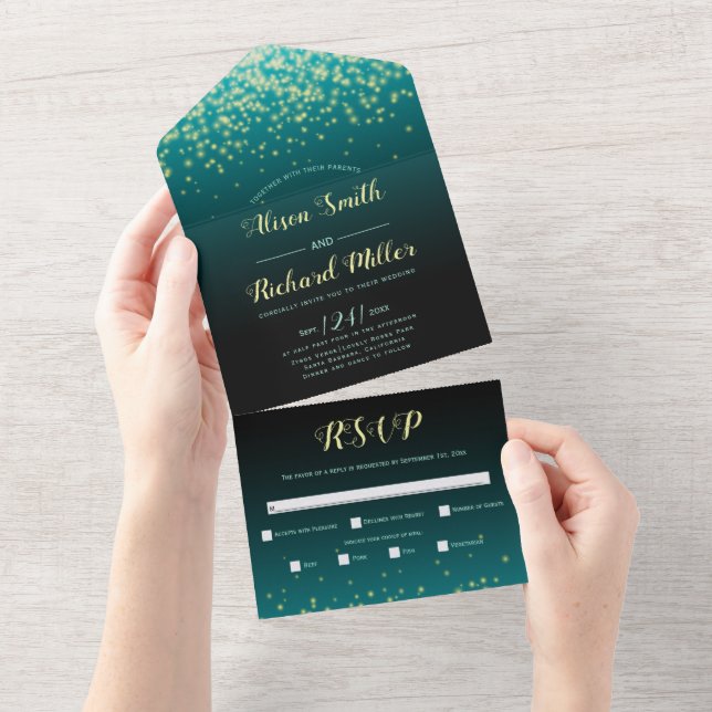Invitación Todo En Uno Luces esparcantes verde azulado azul boda nocturno (desgarro)