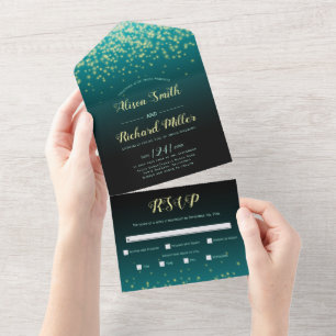 Invitación Todo En Uno Luces esparcantes verde azulado azul boda nocturno