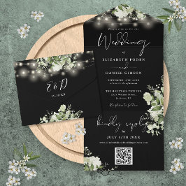 Invitación Todo En Uno Luces florales en blanco y negro Boda de código QR
