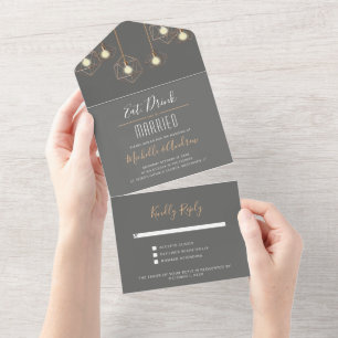 Invitación Todo En Uno Luces geométricas modernas Boda gris oscuro