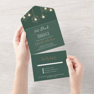 Invitación Todo En Uno Luces geométricas modernas Boda verde oscuro
