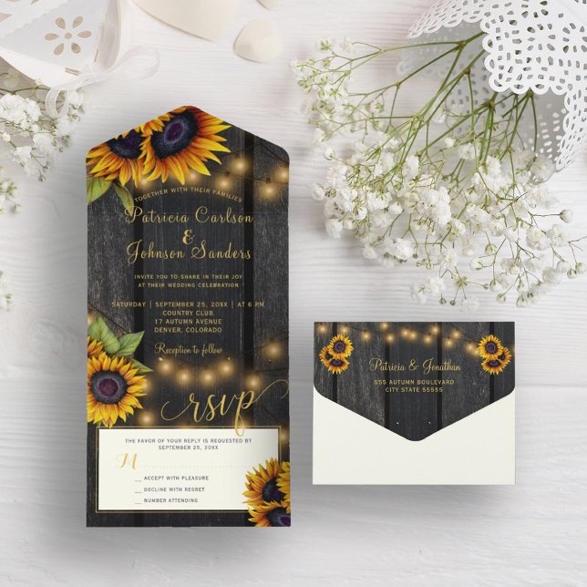 Invitación Todo En Uno Luces rusas oro girasoles boda de madera (Subido por el creador)