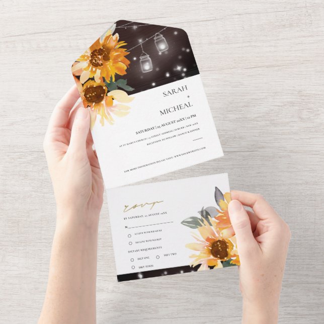 INVITACIÓN TODO EN UNO LUCES RÚSTICAS DE CADENA DE FLORES INFERIORES BODA (desgarro)